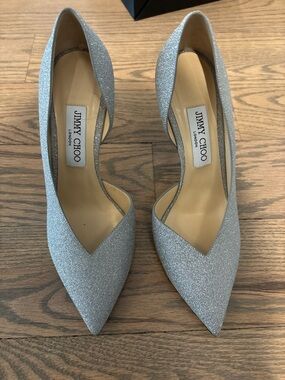 Jimmy Choo Silver Glitter Pointed D'Orsay Pumps